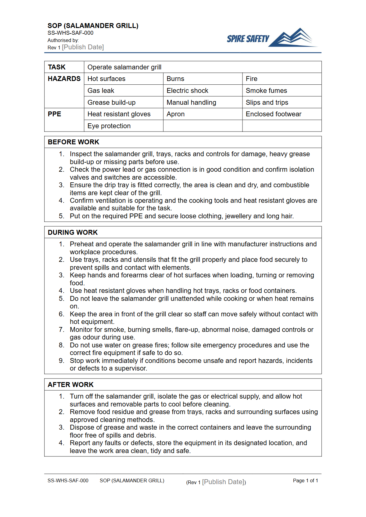 Free Safe Operating Procedure (Salamander Grill) Template — document preview
