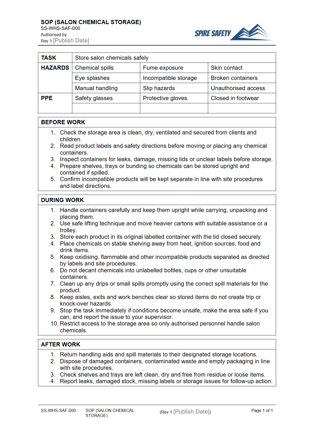 Free Safe Operating Procedure (Salon Chemical Storage) Template — document preview