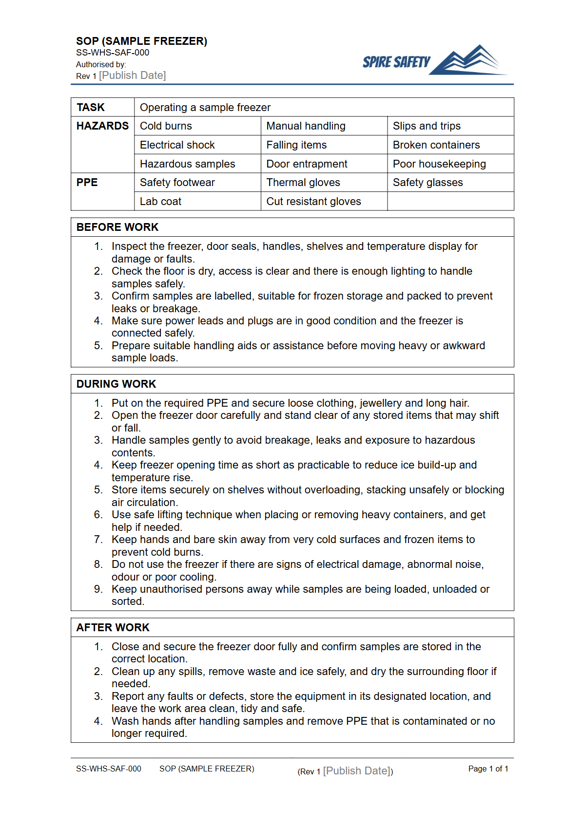 Free Safe Operating Procedure (Sample Freezer) Template — document preview