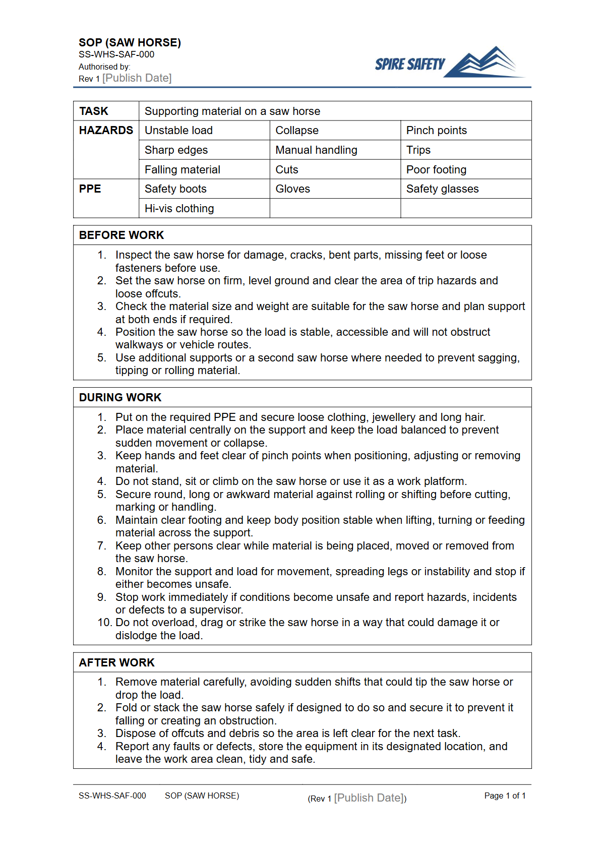 Free Safe Operating Procedure (Saw Horse) Template — document preview