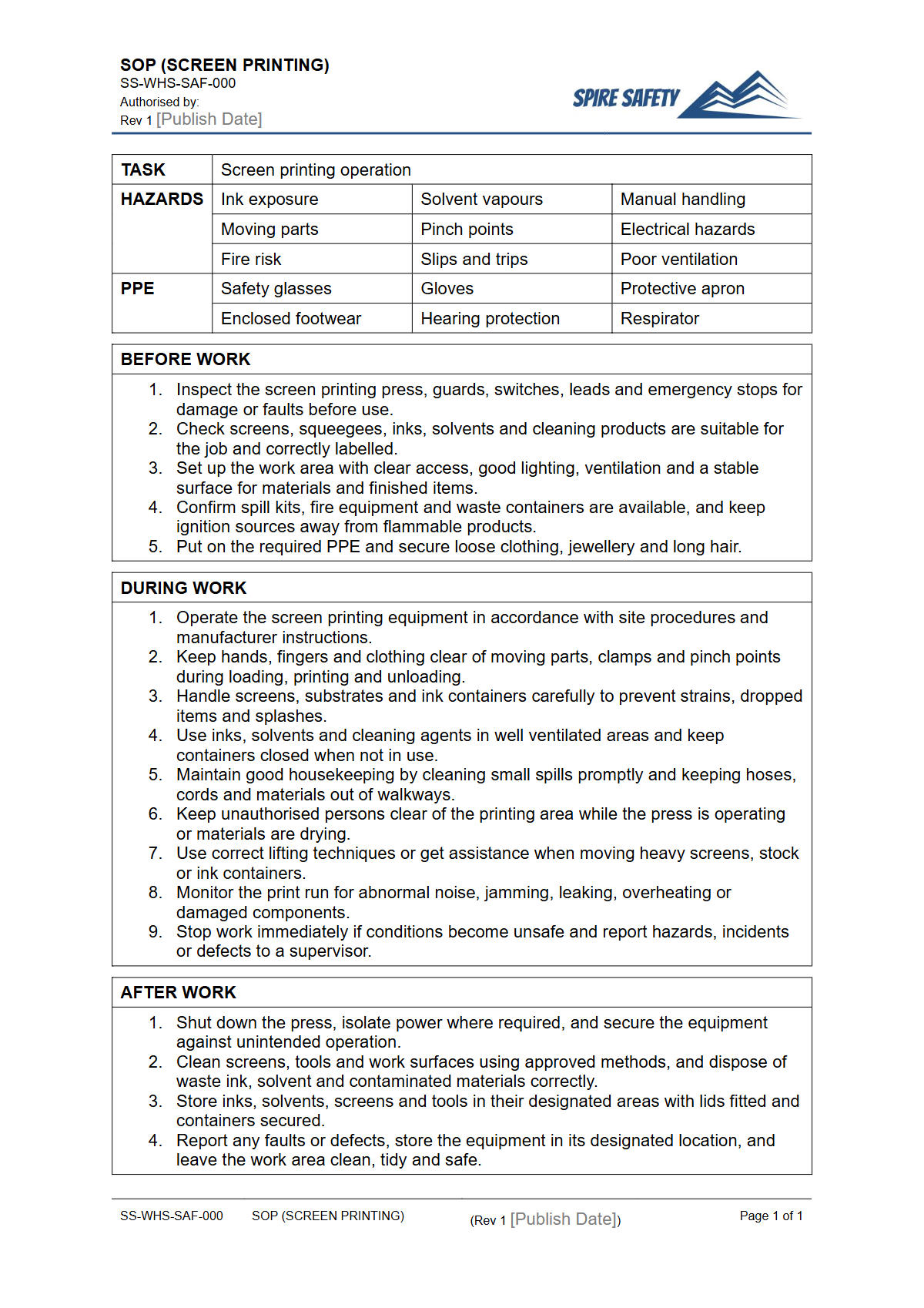 Free Safe Operating Procedure (Screen Printing) Template — document preview