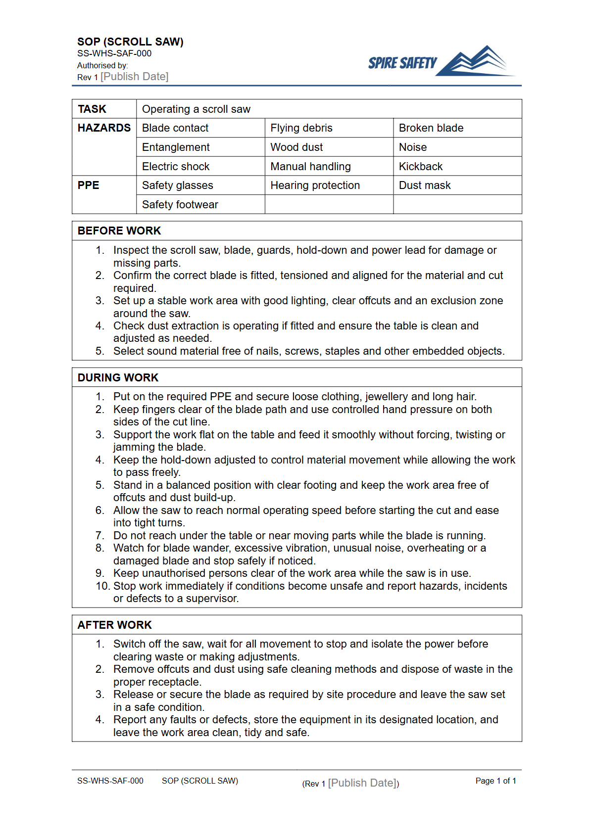Free Safe Operating Procedure (Scroll Saw) Template — document preview