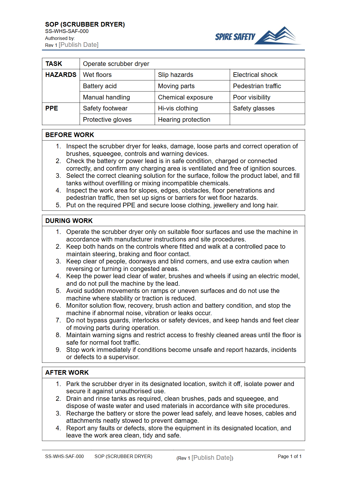 Free Safe Operating Procedure (Scrubber Dryer) Template — document preview