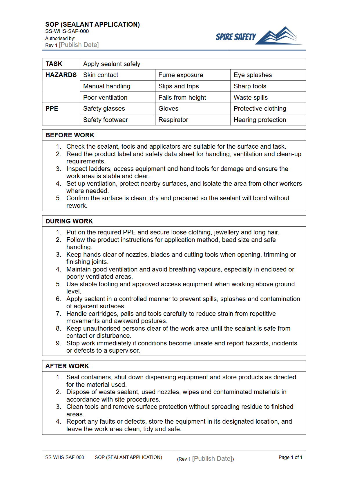 Free Safe Operating Procedure (Sealant Application) Template — document preview
