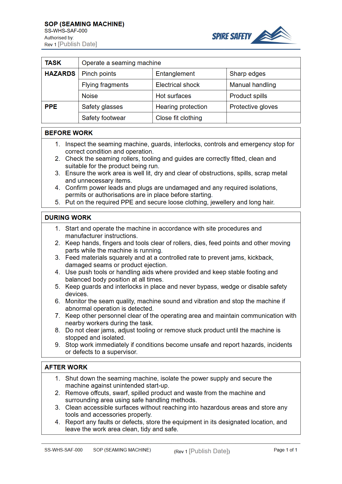 Free Safe Operating Procedure (Seaming Machine) Template — document preview