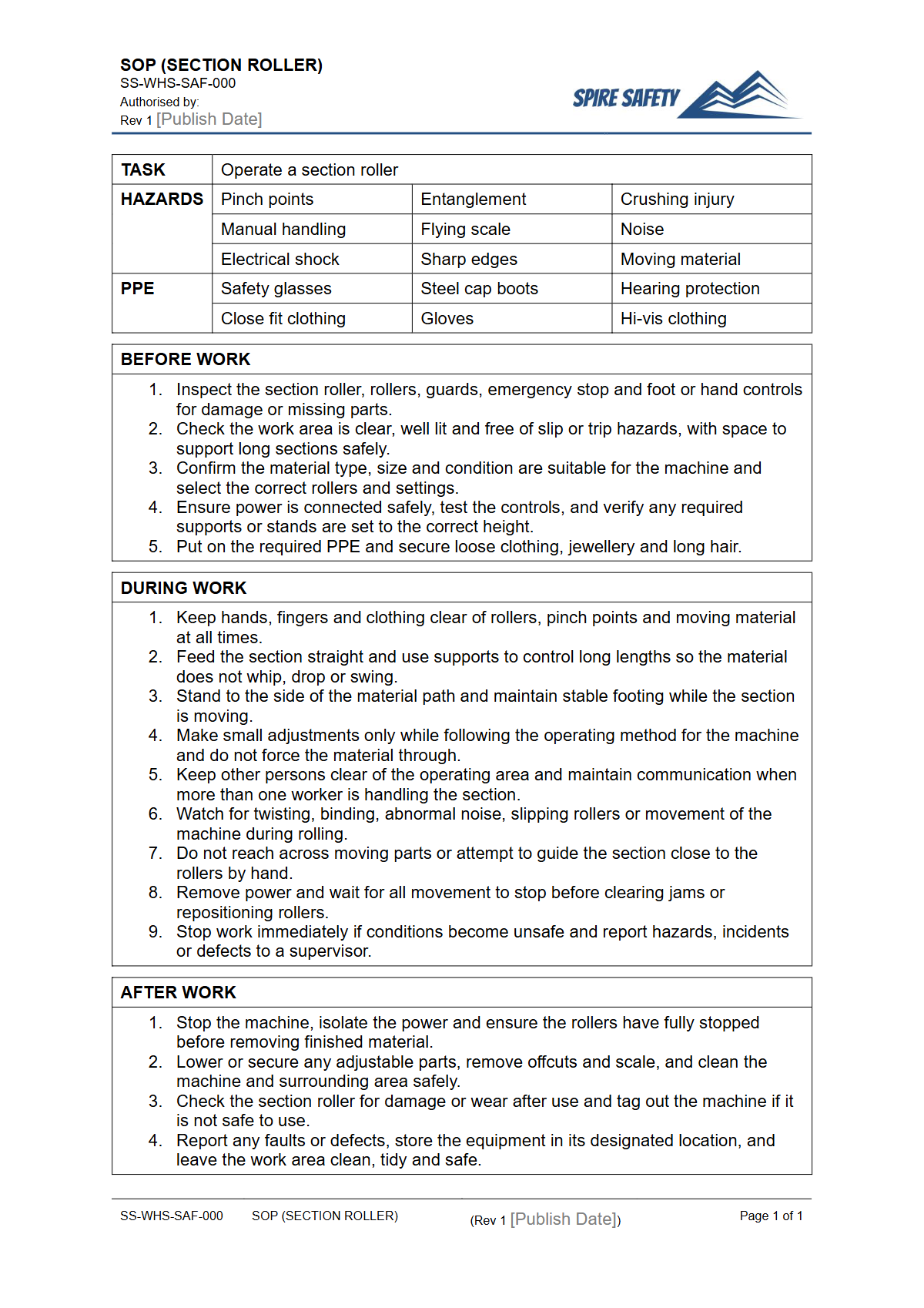 Free Safe Operating Procedure (Section Roller) Template — document preview