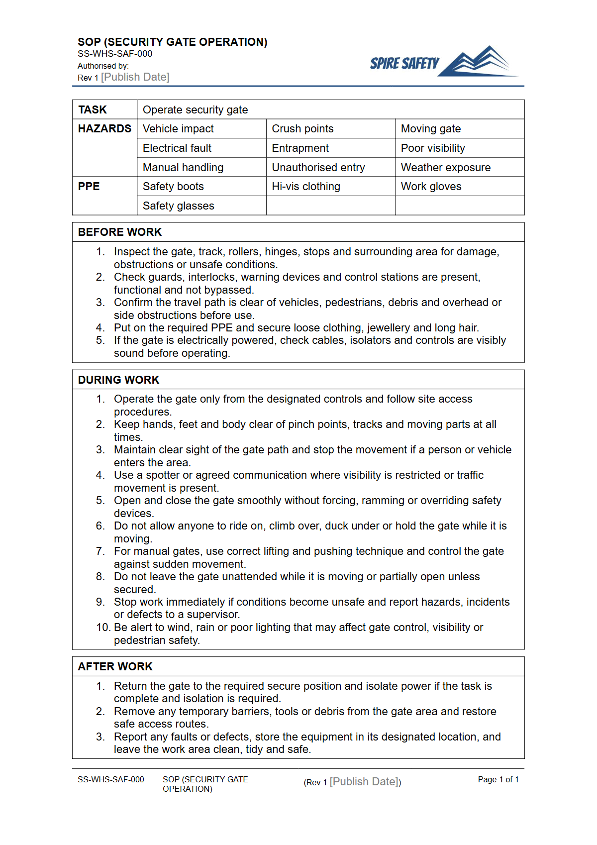 Free Safe Operating Procedure (Security Gate Operation) Template — document preview