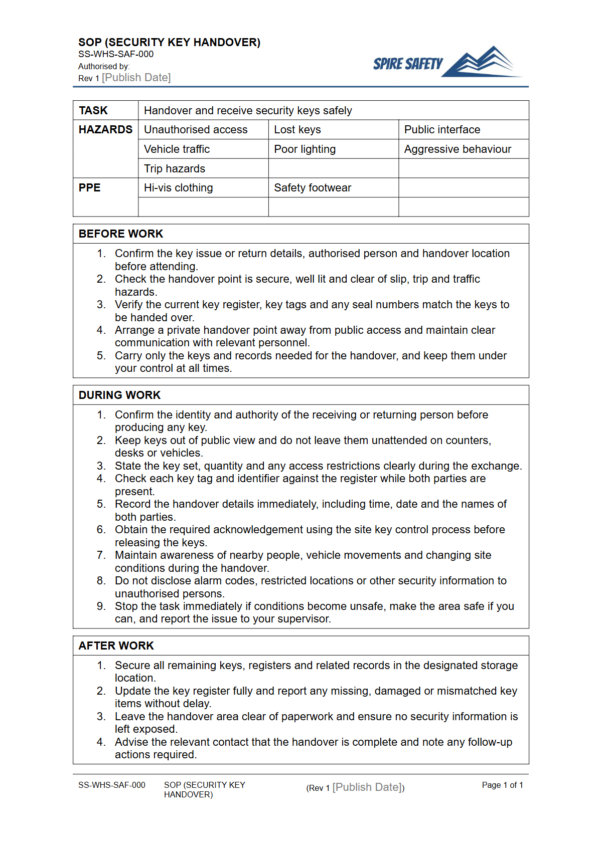 Free Safe Operating Procedure (Security Key Handover) Template — document preview
