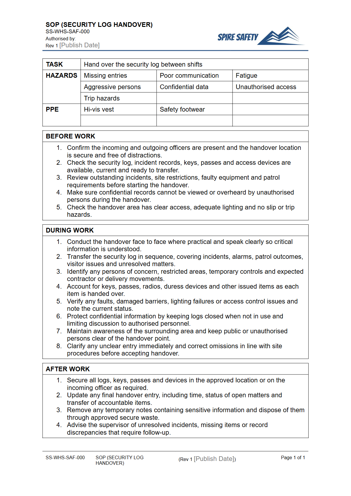 Free Safe Operating Procedure (Security Log Handover) Template — document preview