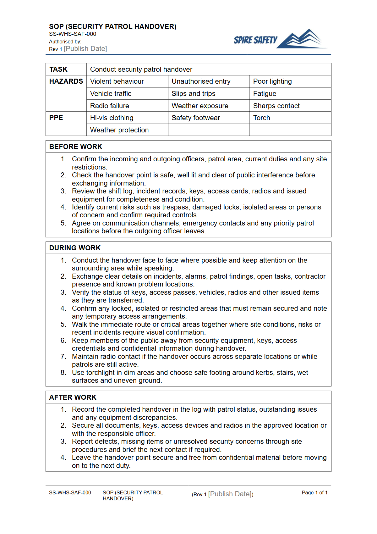 Free Safe Operating Procedure (Security Patrol Handover) Template — document preview