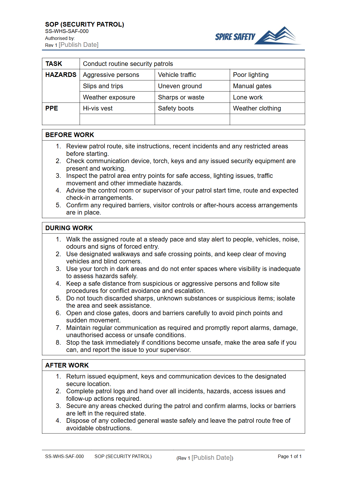Free Safe Operating Procedure (Security Patrol) Template — document preview