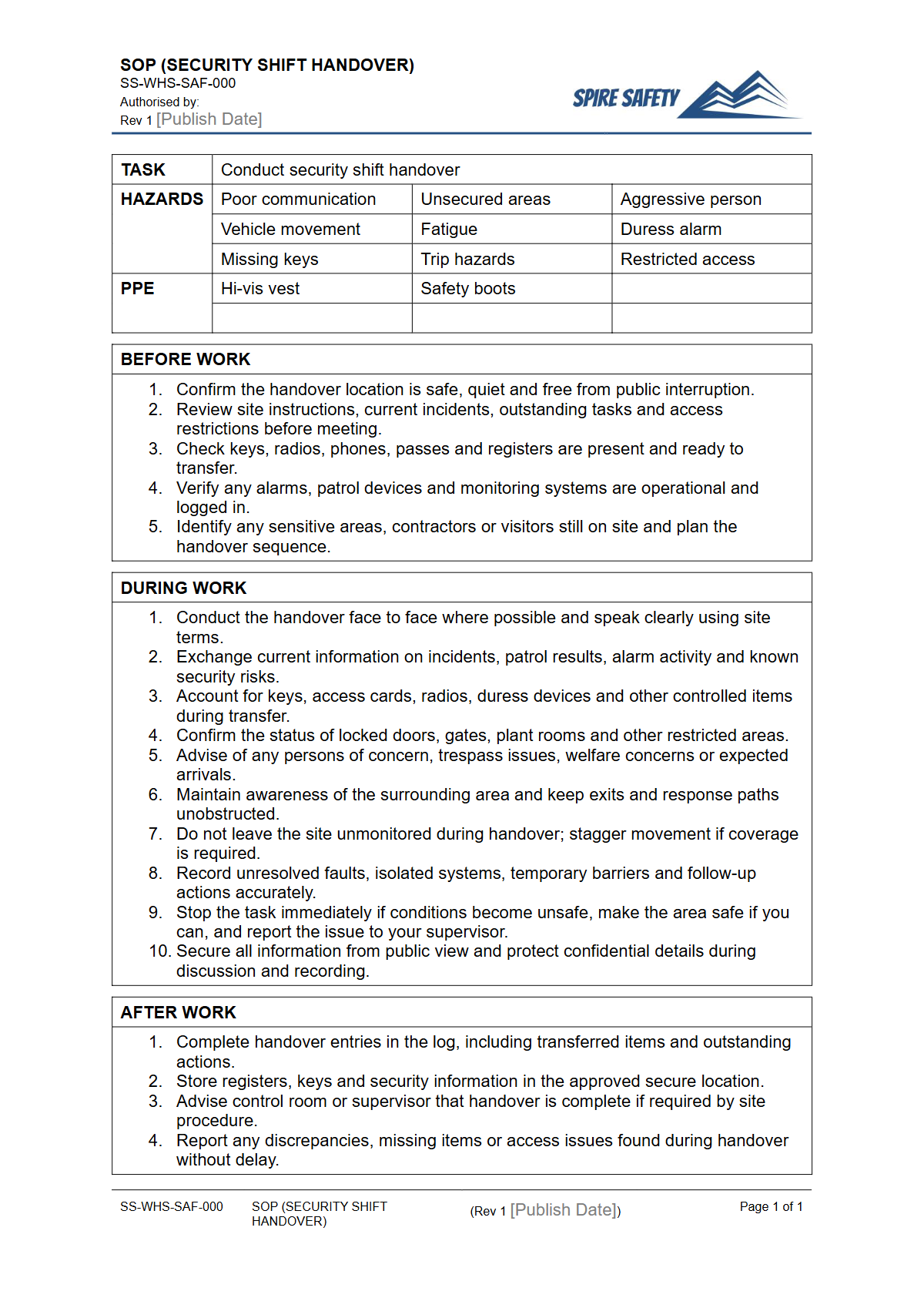 Free Safe Operating Procedure (Security Shift Handover) Template — document preview