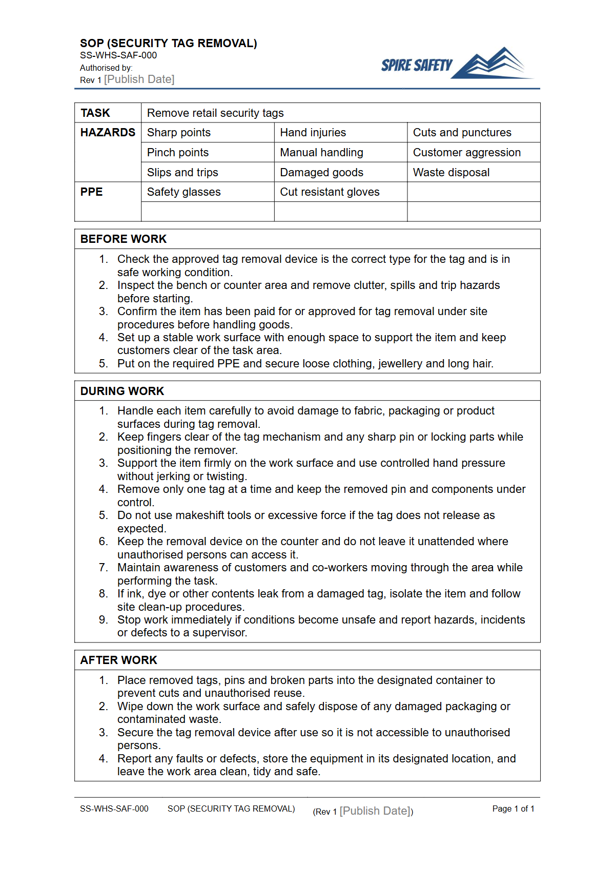 Free Safe Operating Procedure (Security Tag Removal) Template — document preview