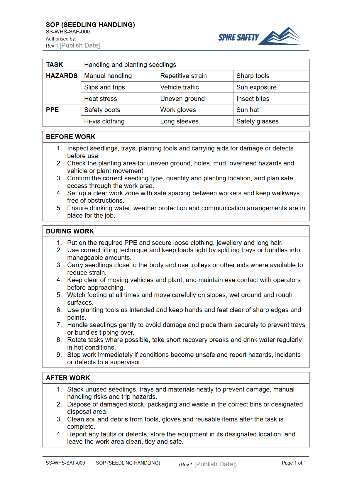 Free Safe Operating Procedure (Seedling Handling) Template — document preview