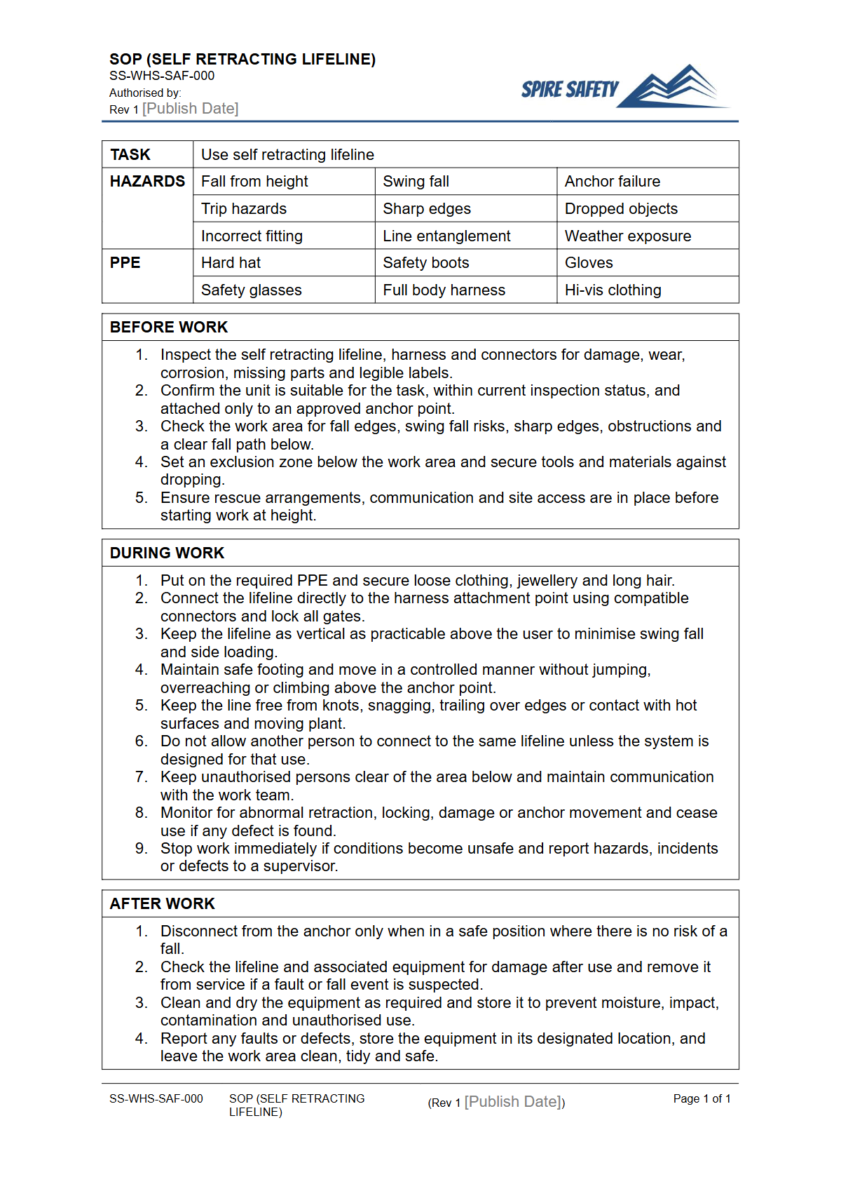 Free Safe Operating Procedure (Self Retracting Lifeline) Template — document preview