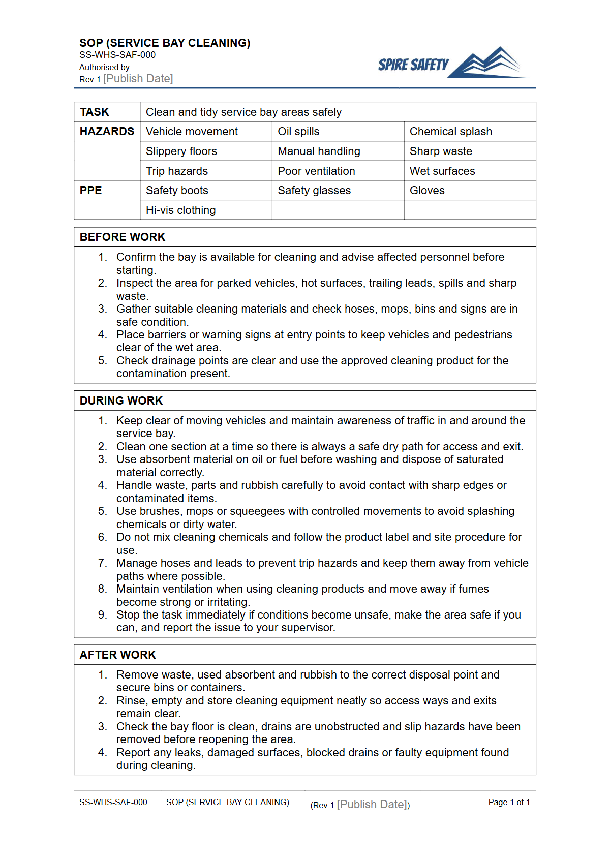 Free Safe Operating Procedure (Service Bay Cleaning) Template — document preview