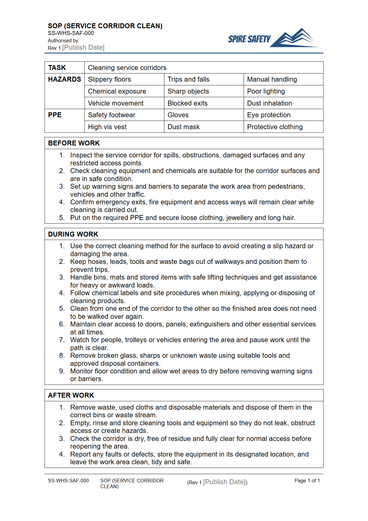 Free Safe Operating Procedure (Service Corridor Clean) Template — document preview