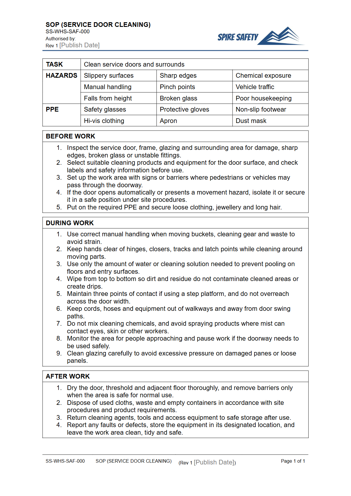 Free Safe Operating Procedure (Service Door Cleaning) Template — document preview