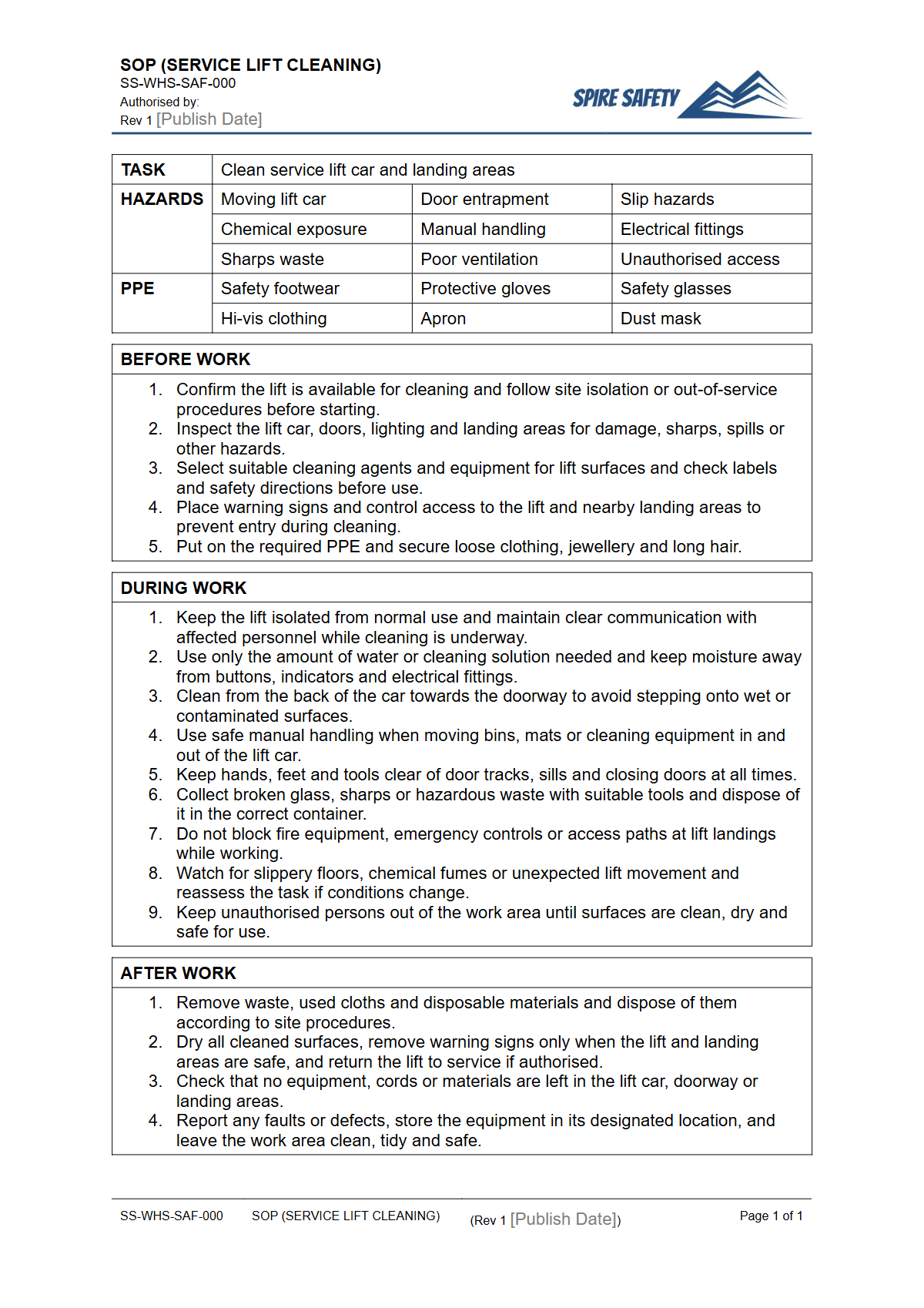 Free Safe Operating Procedure (Service Lift Cleaning) Template — document preview