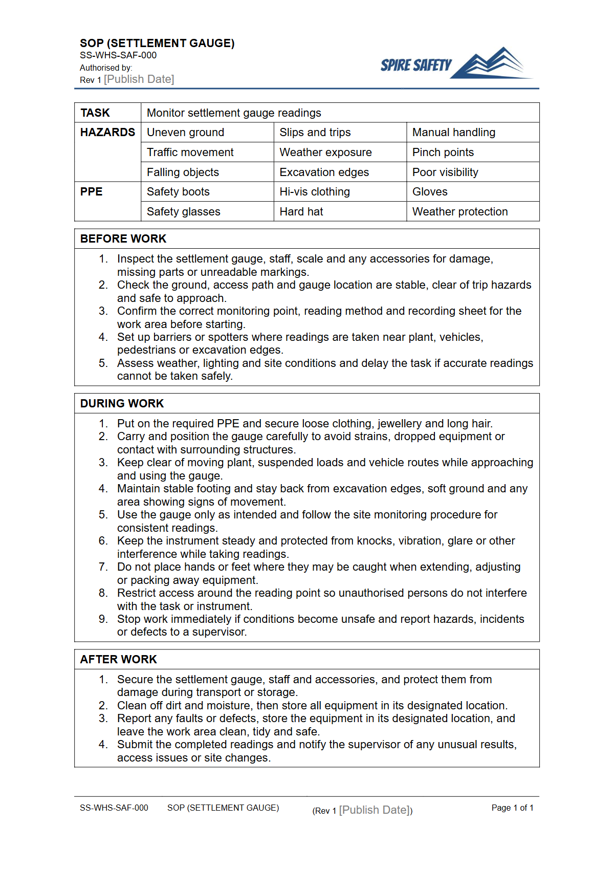 Free Safe Operating Procedure (Settlement Gauge) Template — document preview