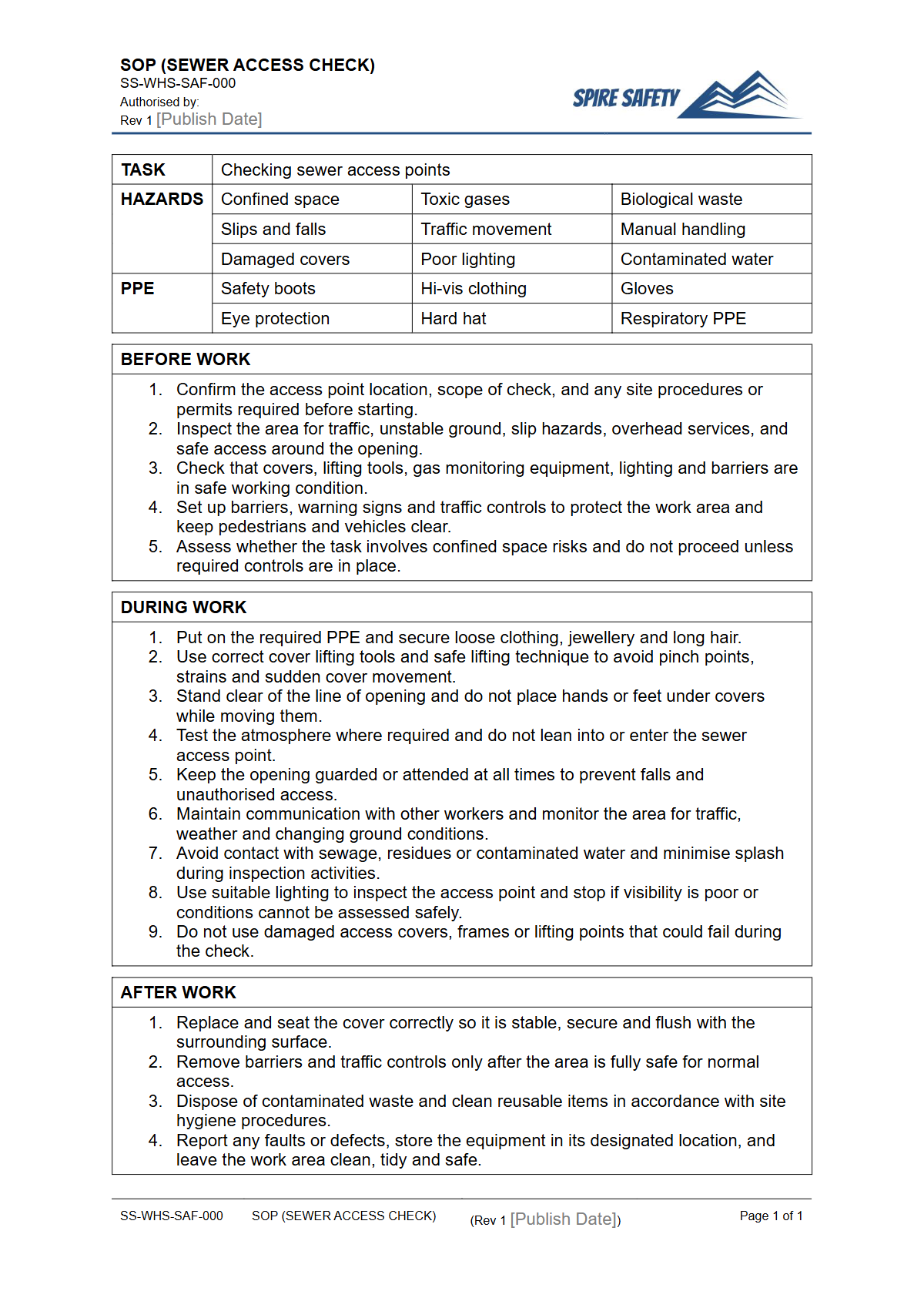 Free Safe Operating Procedure (Sewer Access Check) Template — document preview