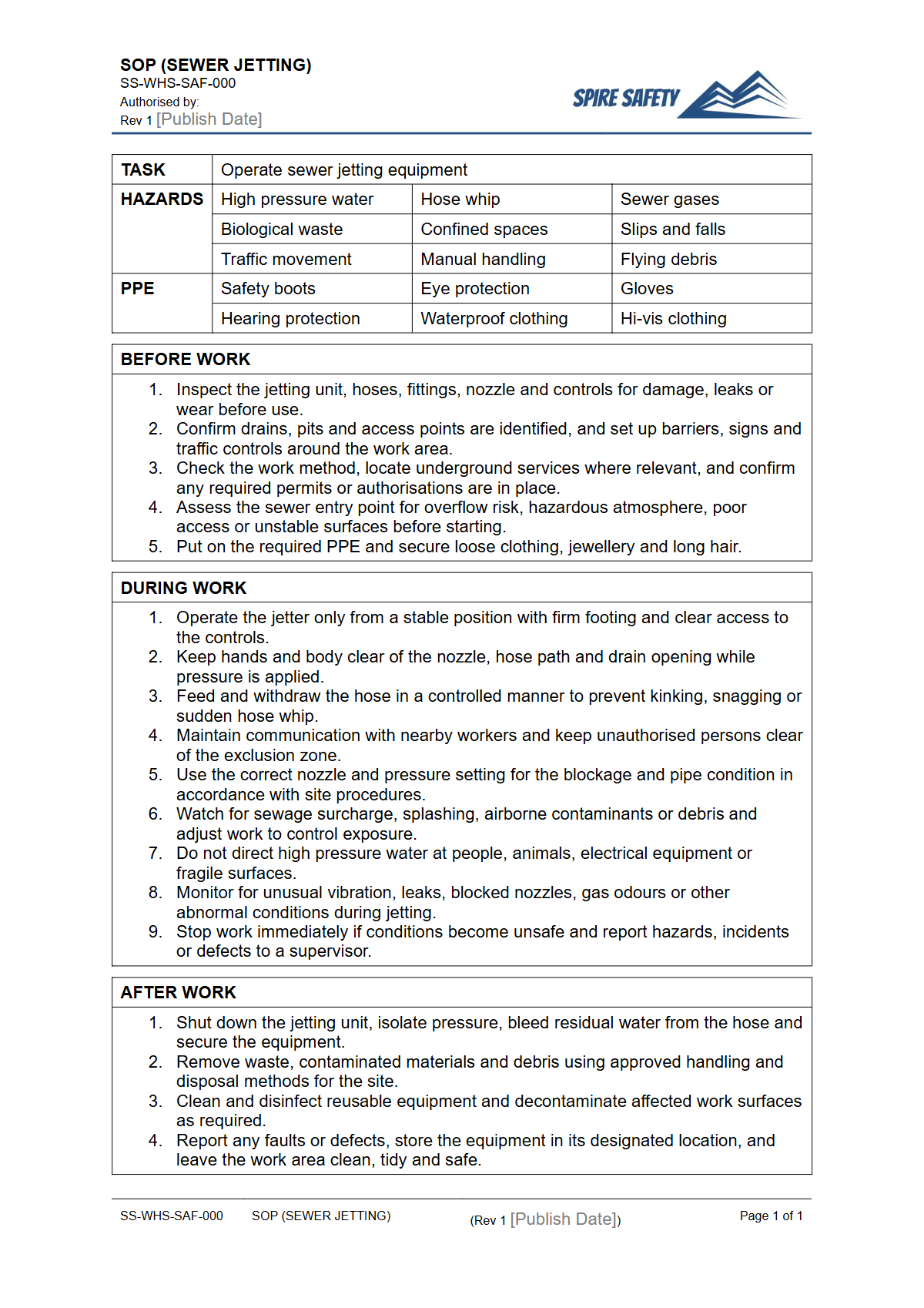 Free Safe Operating Procedure (Sewer Jetting) Template — document preview