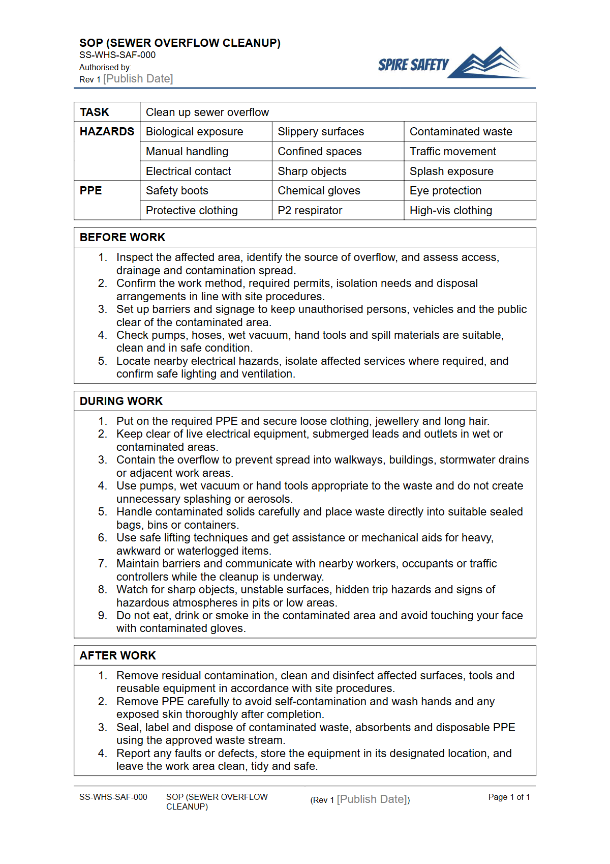 Free Safe Operating Procedure (Sewer Overflow Cleanup) Template — document preview