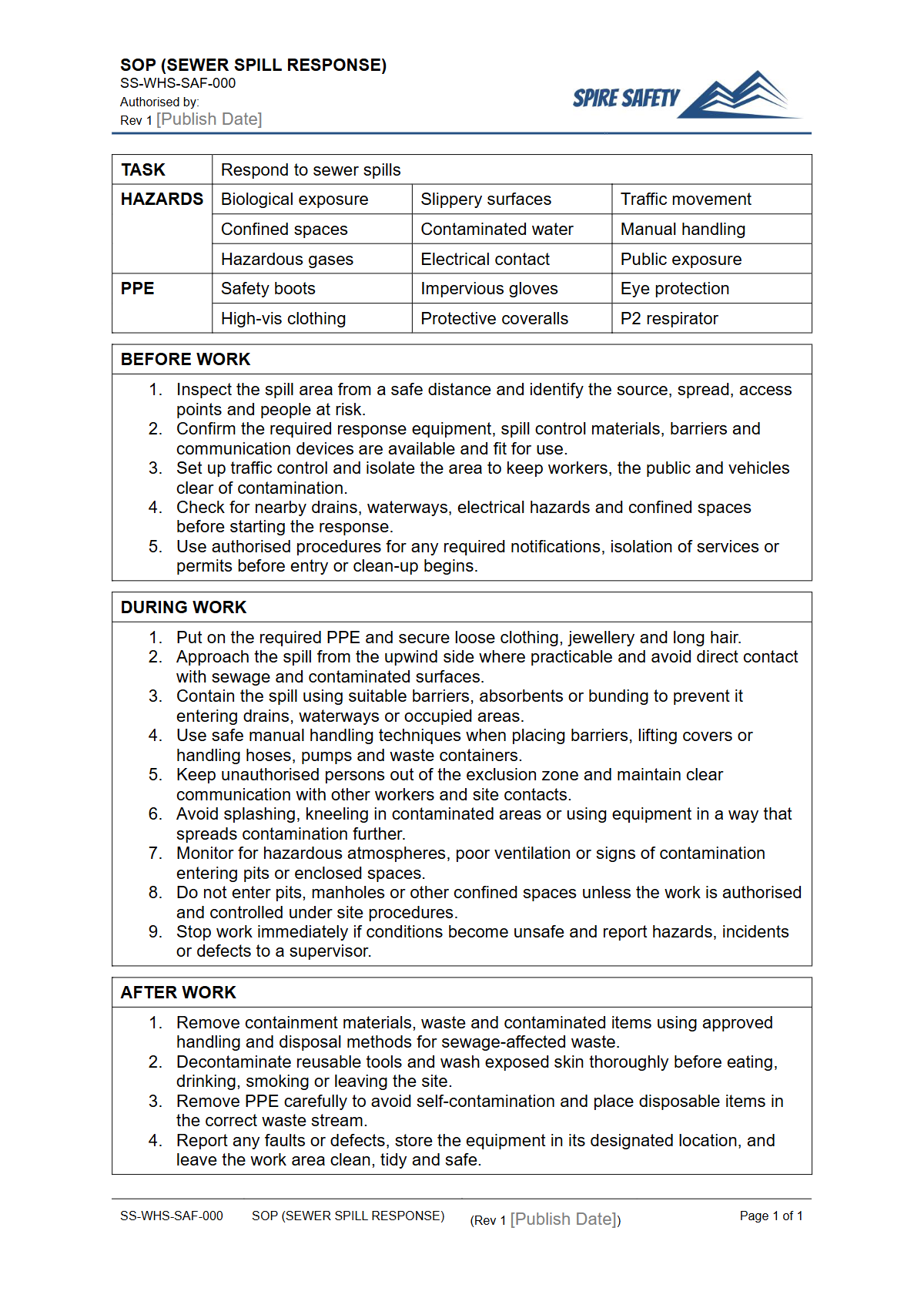 Free Safe Operating Procedure (Sewer Spill Response) Template — document preview