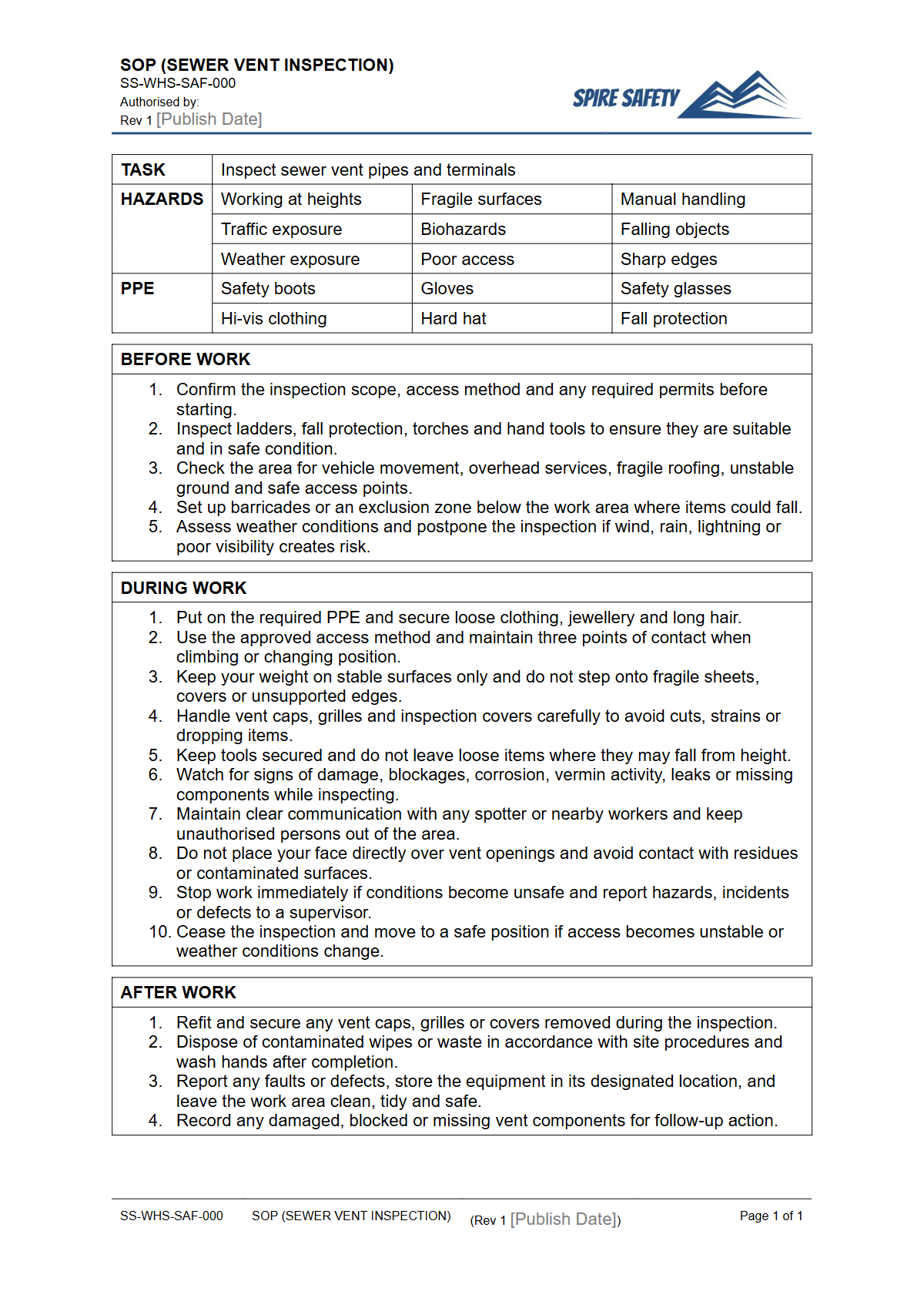 Free Safe Operating Procedure (Sewer Vent Inspection) Template — document preview