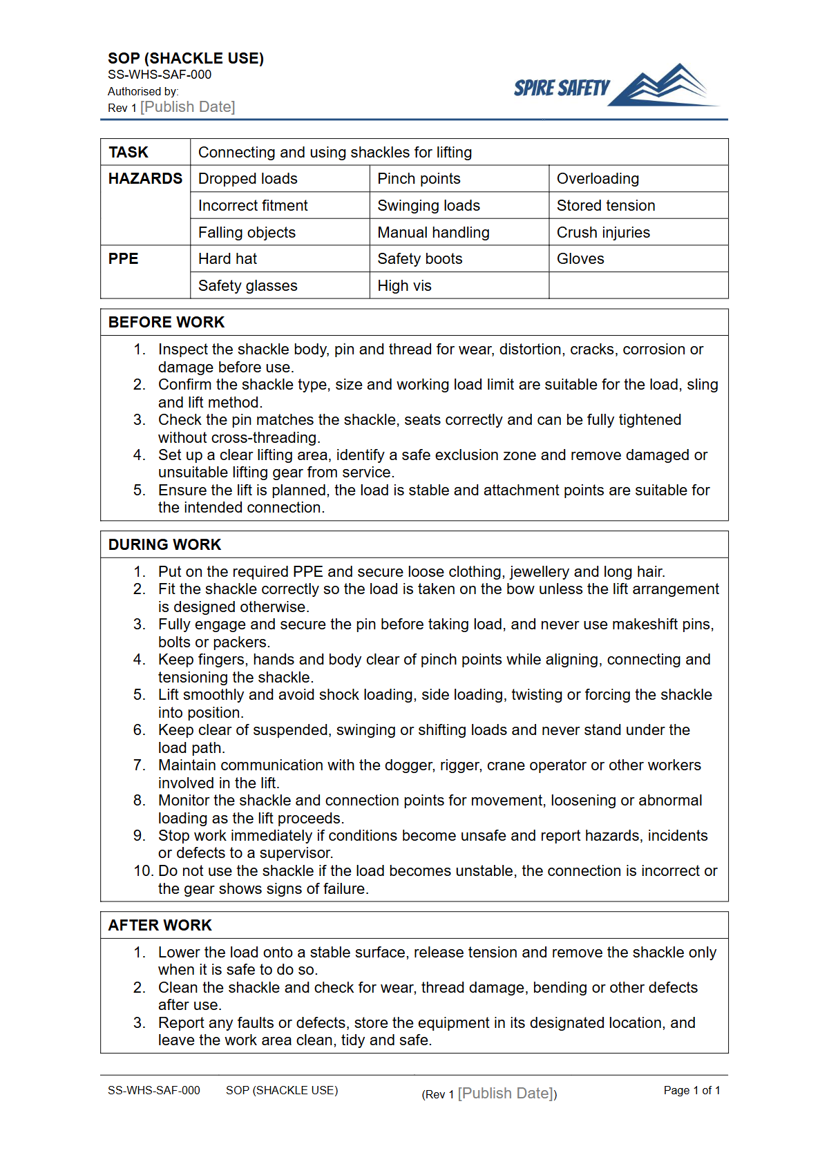 Free Safe Operating Procedure (Shackle Use) Template — document preview