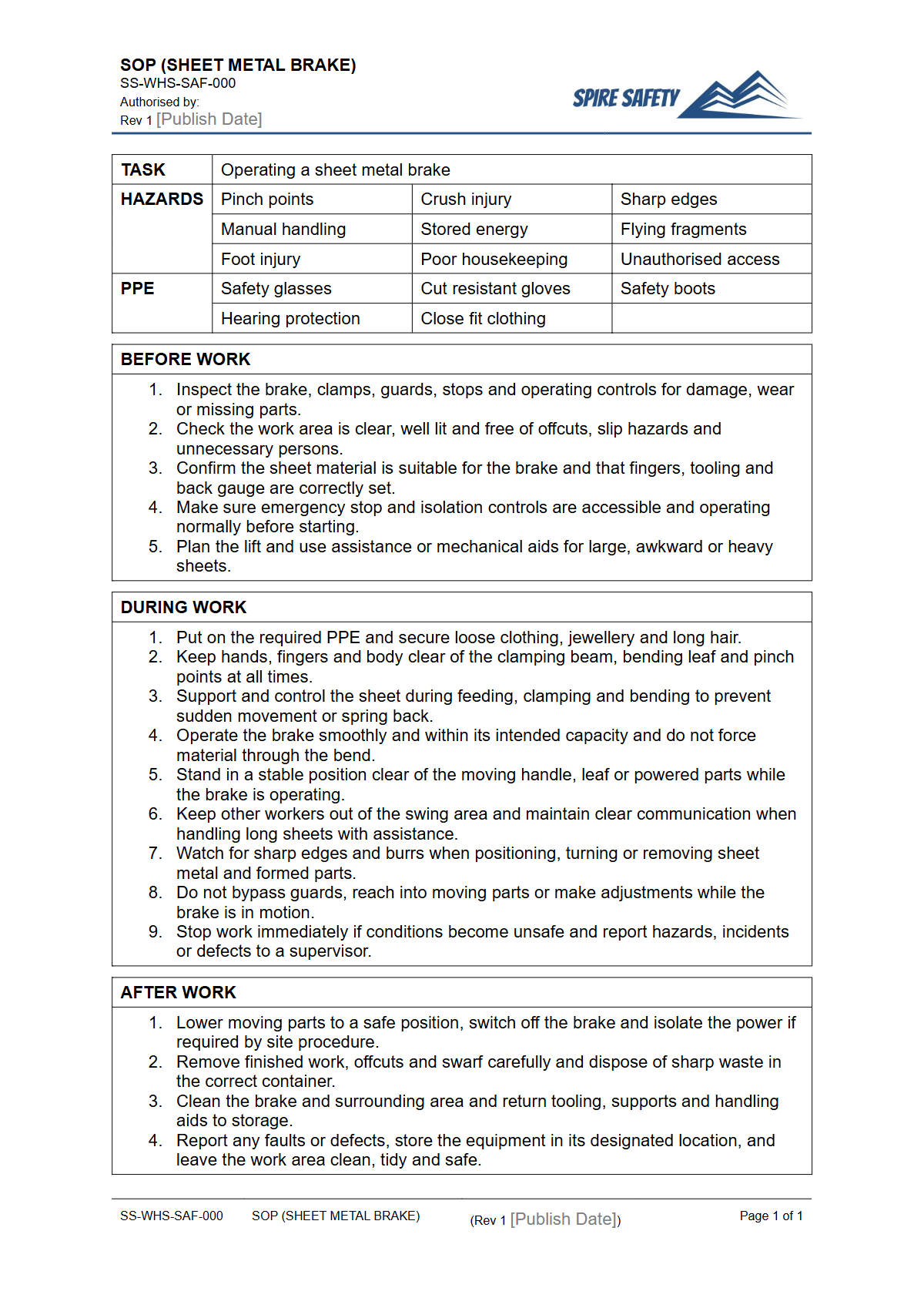 Free Safe Operating Procedure (Sheet Metal Brake) Template — document preview