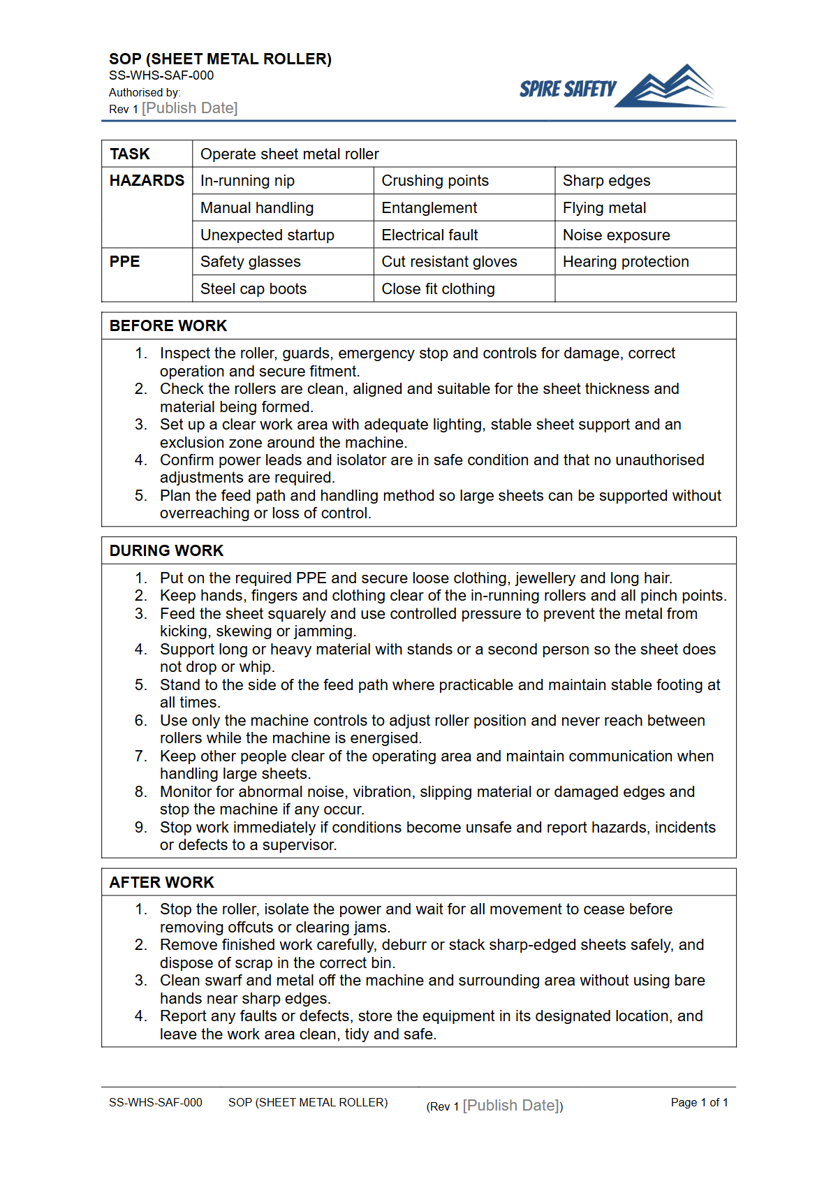 Free Safe Operating Procedure (Sheet Metal Roller) Template — document preview