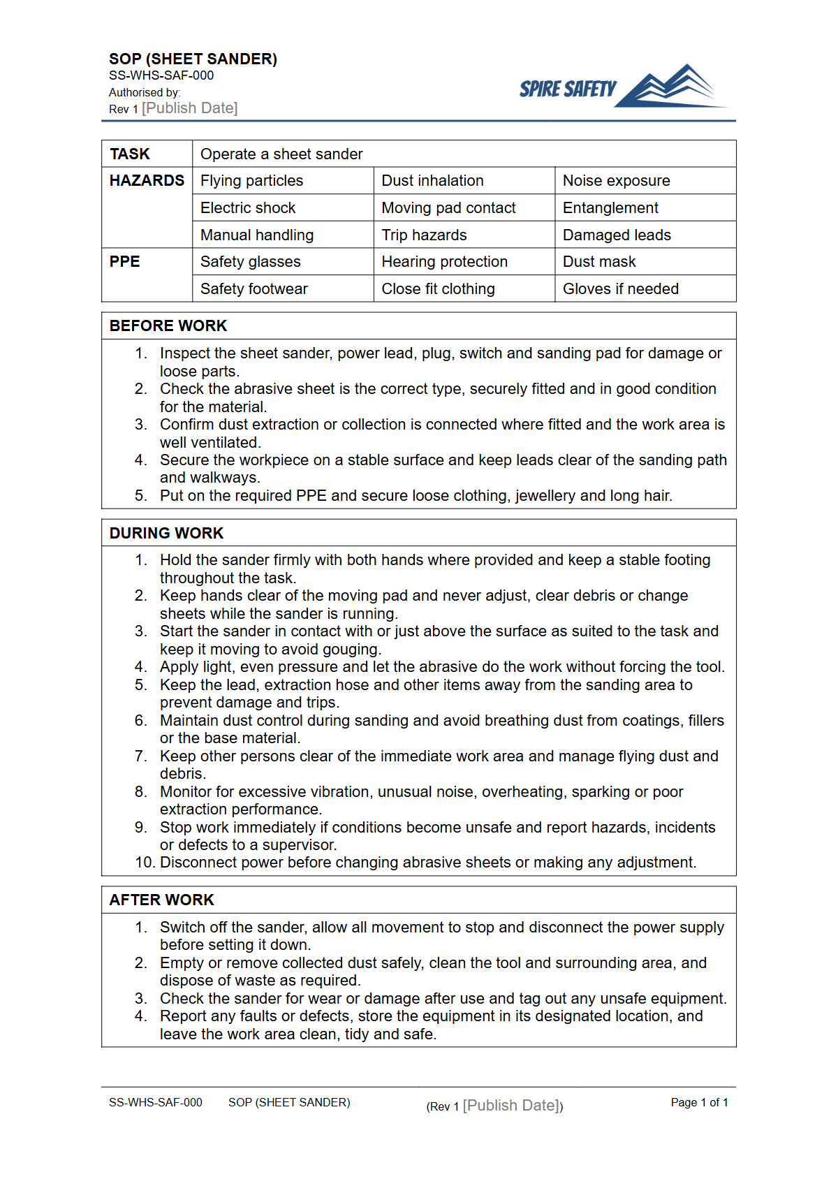 Free Safe Operating Procedure (Sheet Sander) Template — document preview