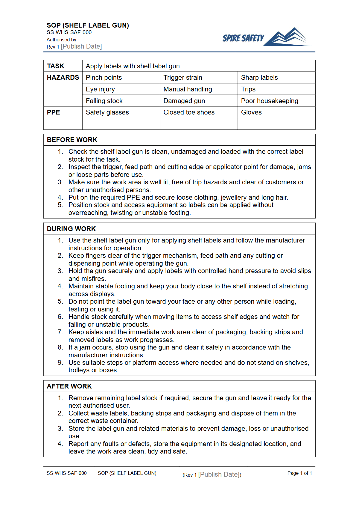 Free Safe Operating Procedure (Shelf Label Gun) Template — document preview
