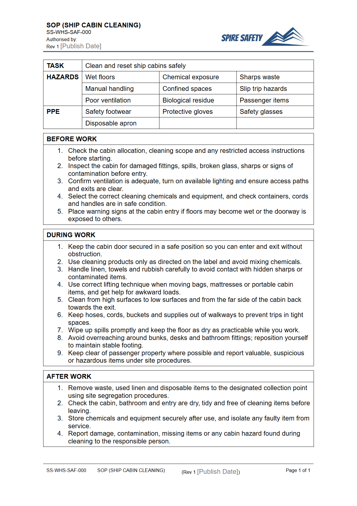 Free Safe Operating Procedure (Ship Cabin Cleaning) Template — document preview