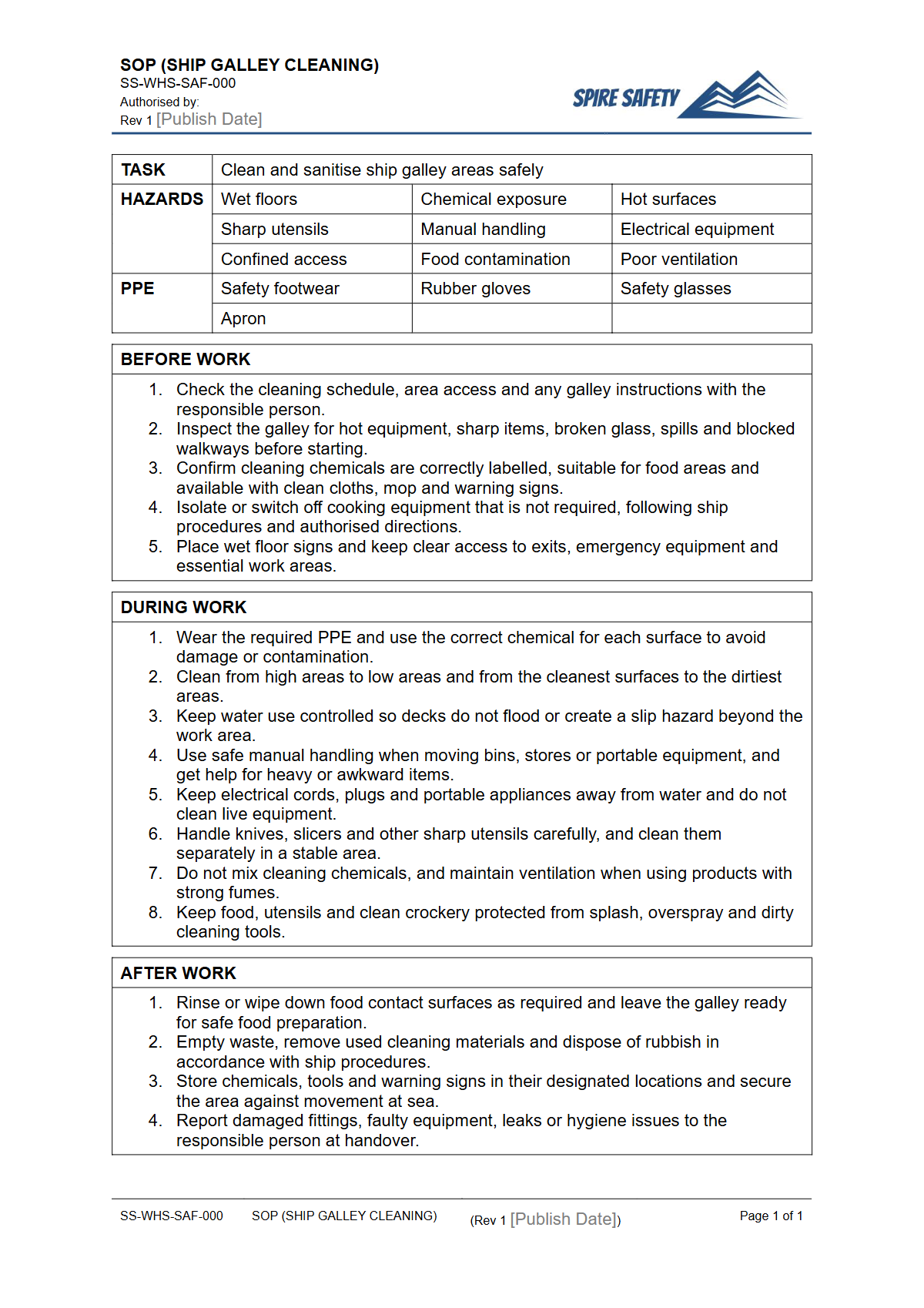 Free Safe Operating Procedure (Ship Galley Cleaning) Template — document preview