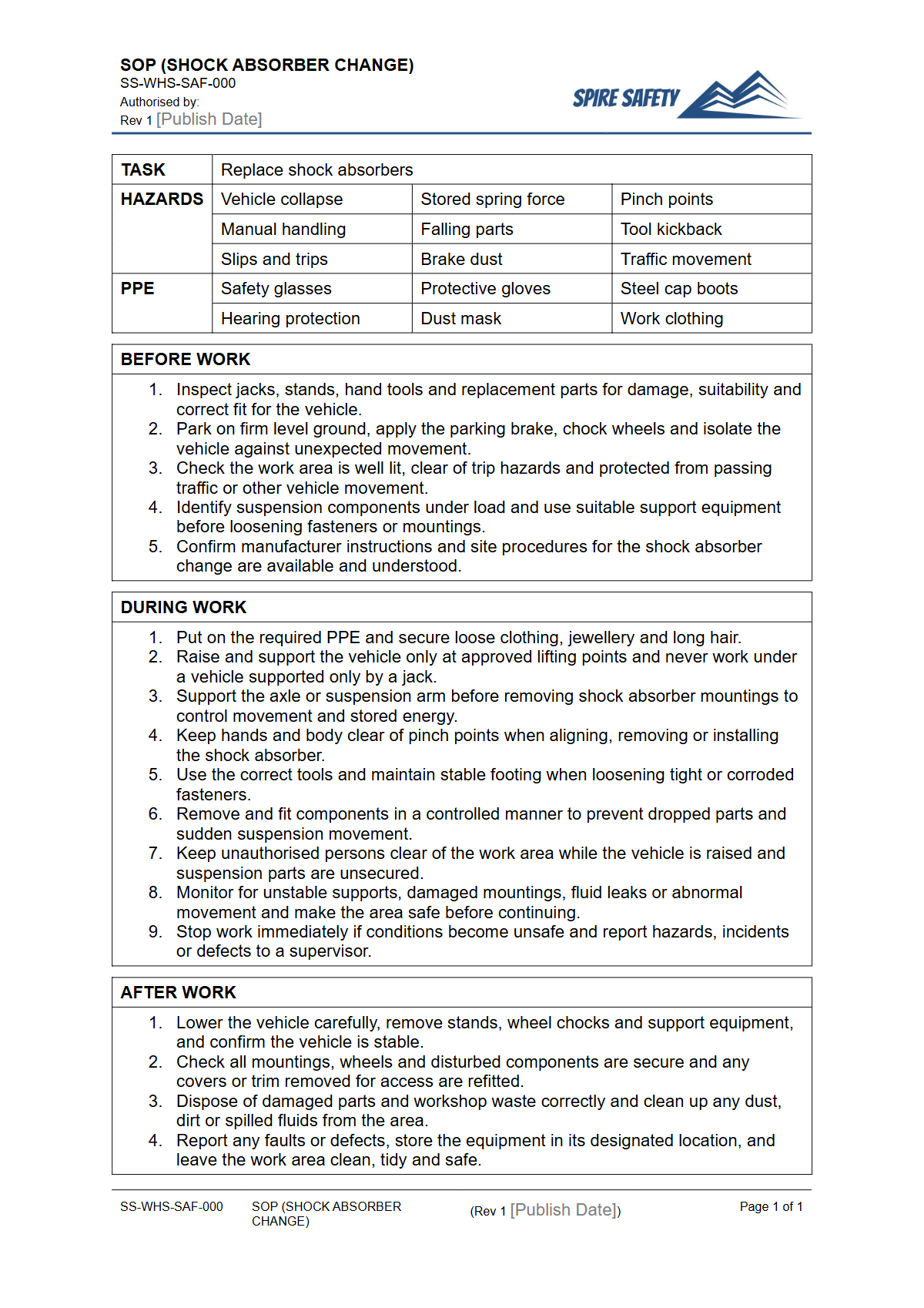 Free Safe Operating Procedure (Shock Absorber Change) Template — document preview