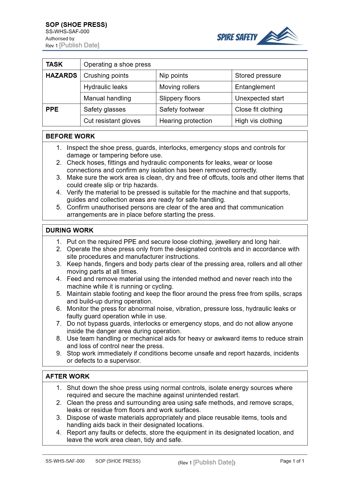 Free Safe Operating Procedure (Shoe Press) Template — document preview