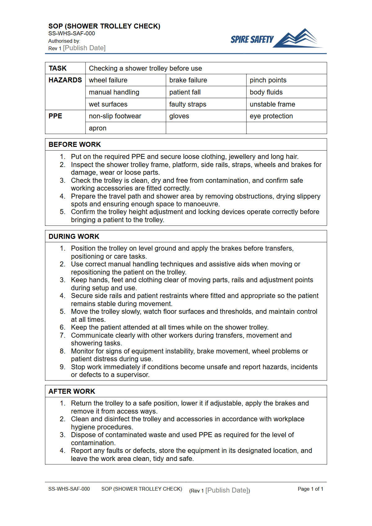 Free Safe Operating Procedure (Shower Trolley Check) Template — document preview