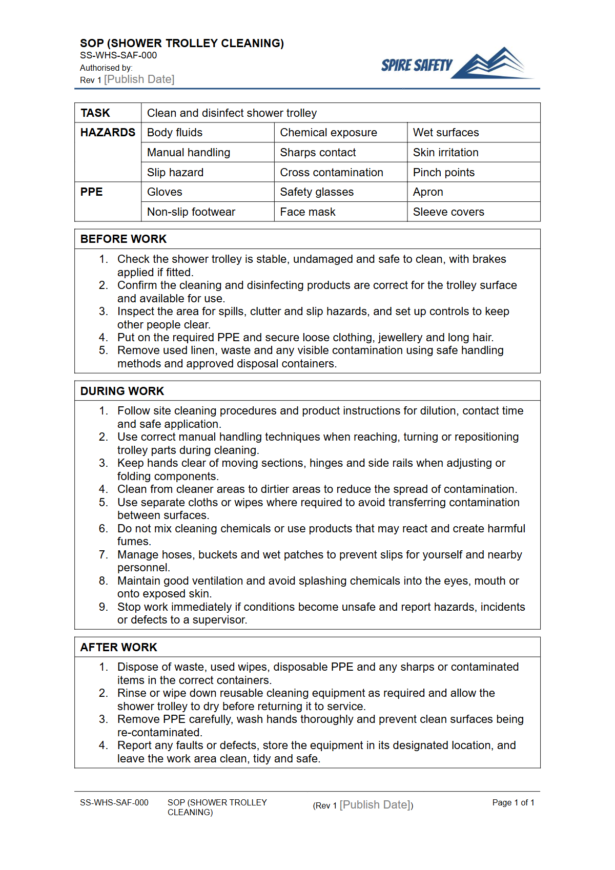 Free Safe Operating Procedure (Shower Trolley Cleaning) Template — document preview