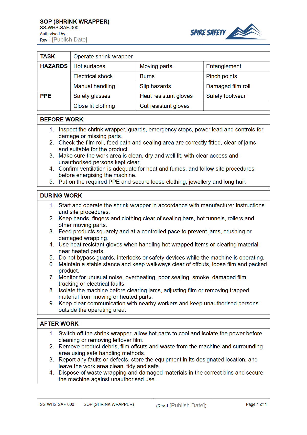 Free Safe Operating Procedure (Shrink Wrapper) Template — document preview
