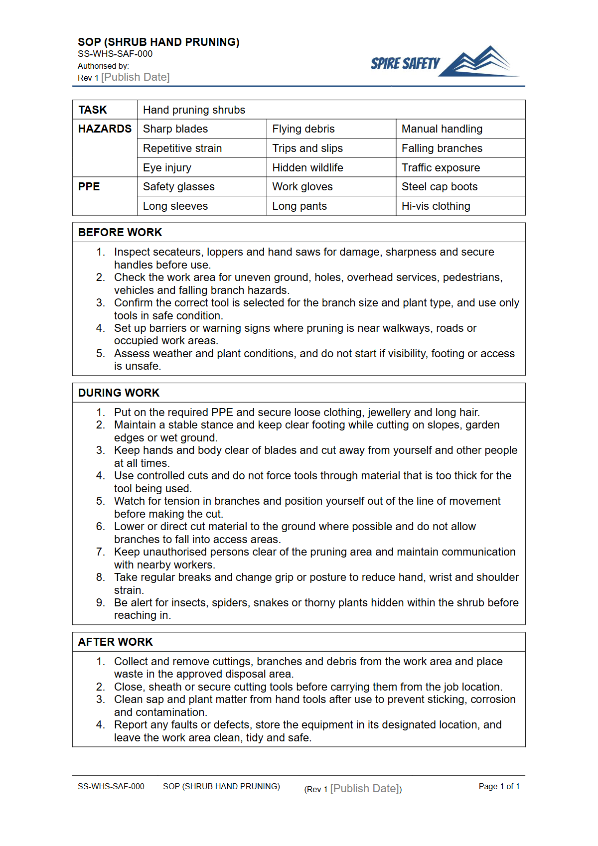 Free Safe Operating Procedure (Shrub Hand Pruning) Template — document preview