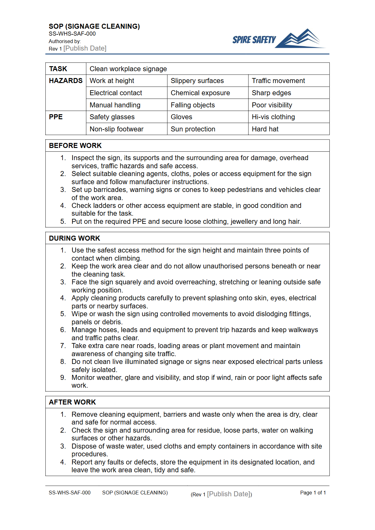 Free Safe Operating Procedure (Signage Cleaning) Template — document preview