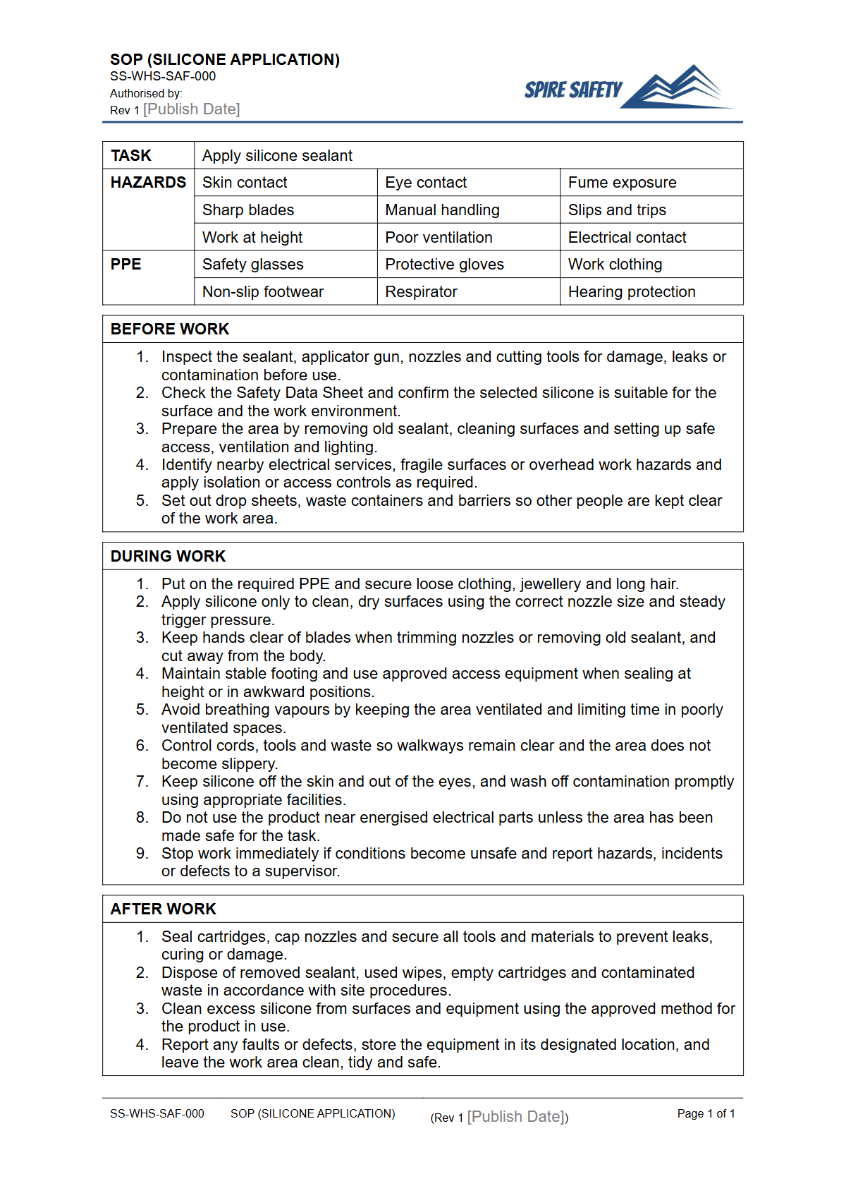 Free Safe Operating Procedure (Silicone Application) Template — document preview