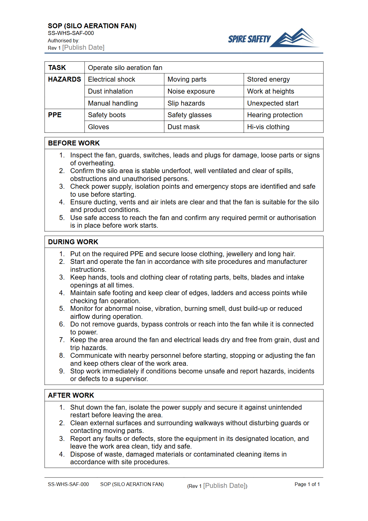 Free Safe Operating Procedure (Silo Aeration Fan) Template — document preview