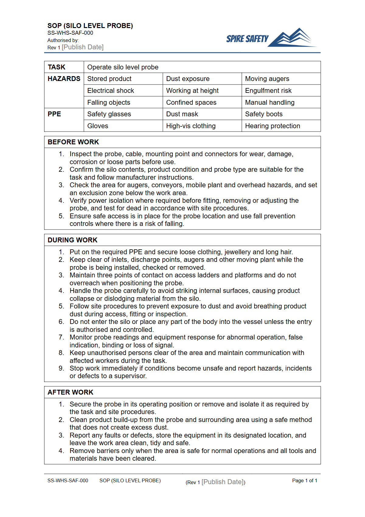 Free Safe Operating Procedure (Silo Level Probe) Template — document preview