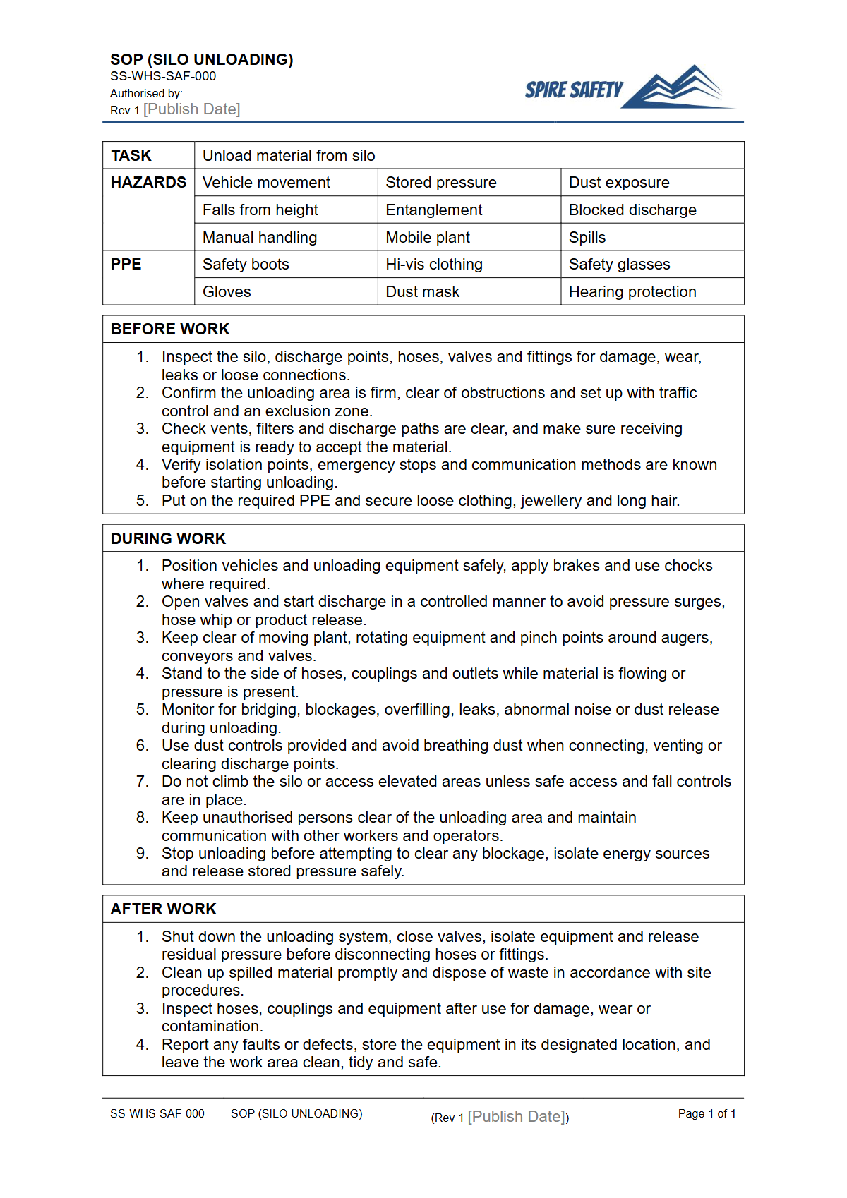 Free Safe Operating Procedure (Silo Unloading) Template — document preview
