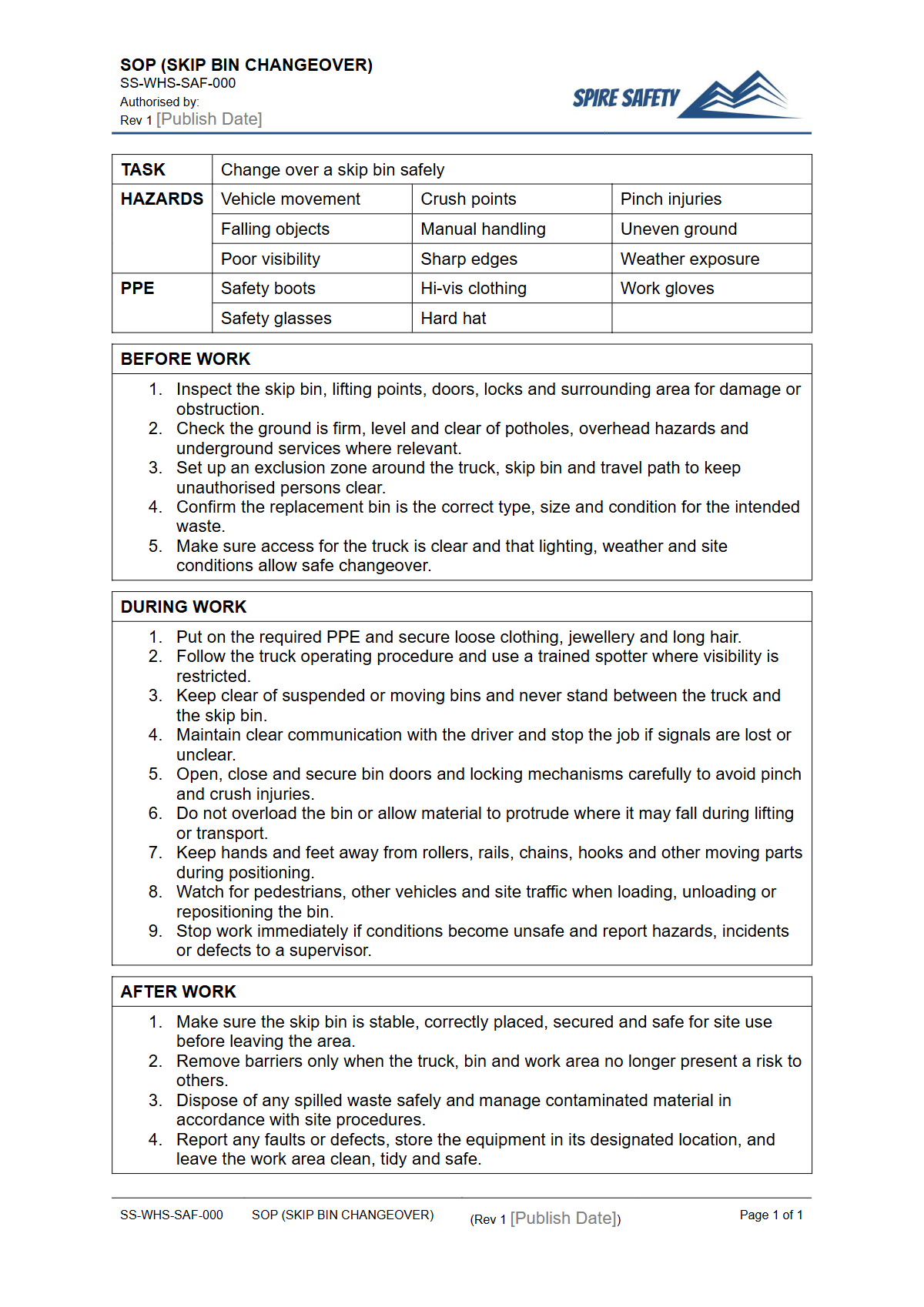 Free Safe Operating Procedure (Skip Bin Changeover) Template — document preview