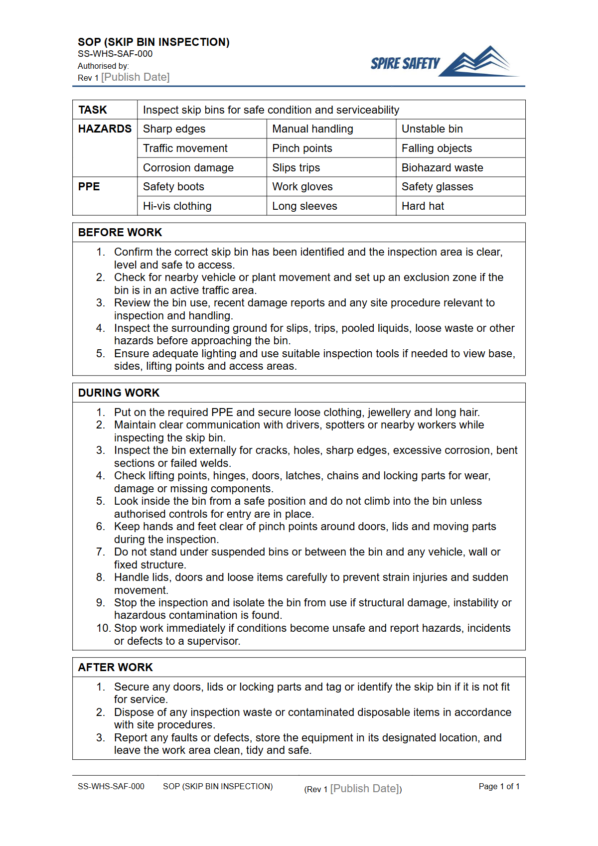 Free Safe Operating Procedure (Skip Bin Inspection) Template — document preview