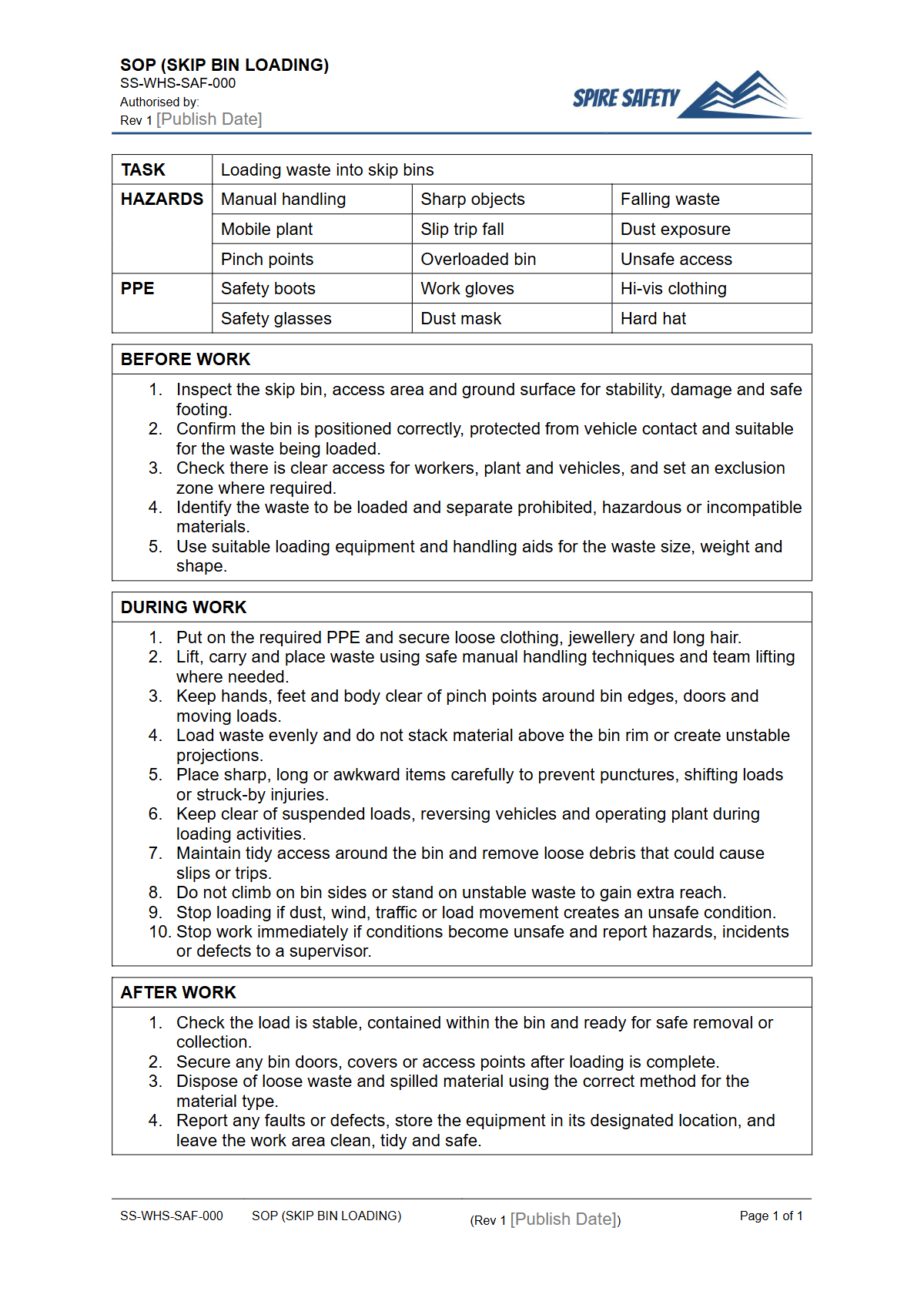 Free Safe Operating Procedure (Skip Bin Loading) Template — document preview